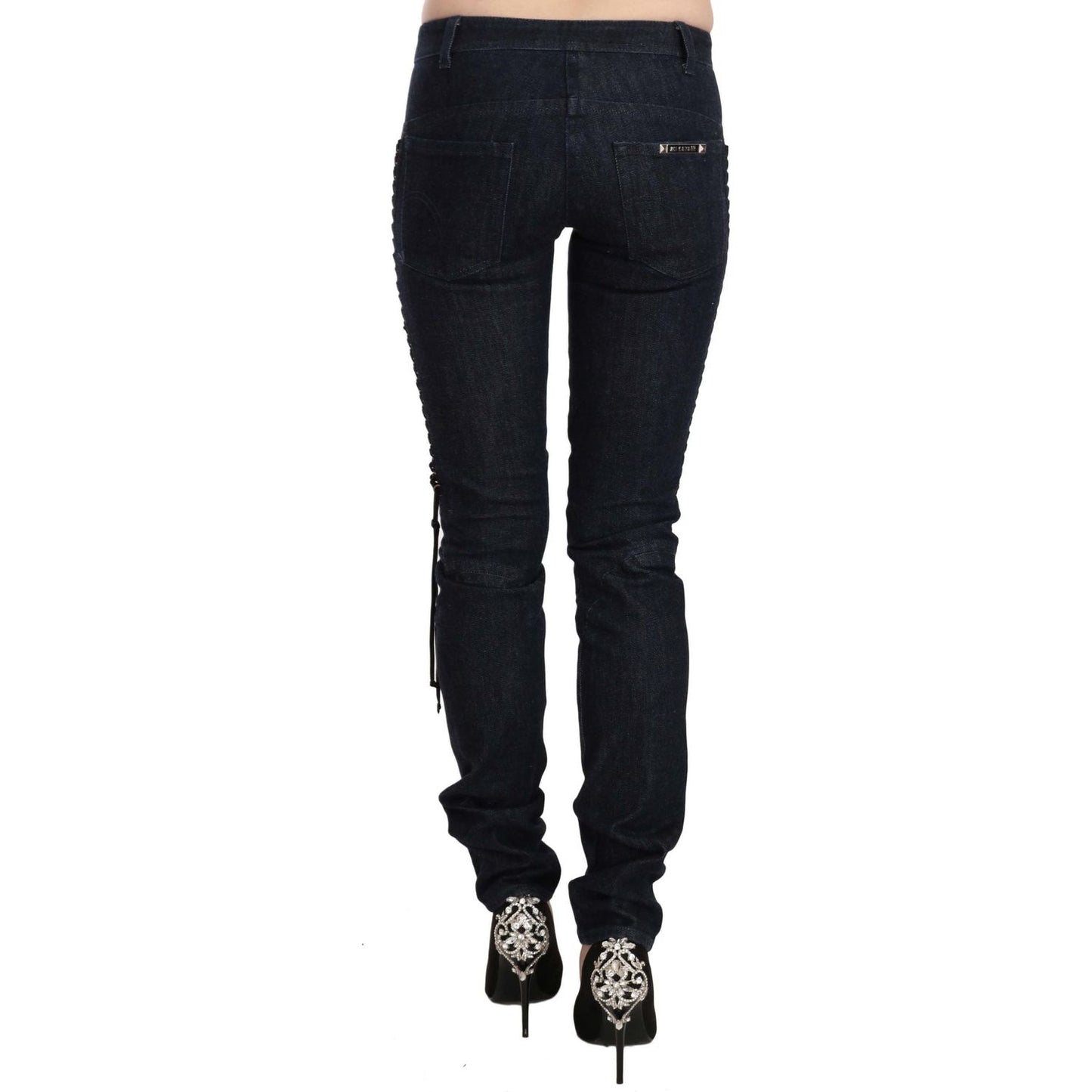 Just Cavalli Blue Low Waist Skinny Trousers Braided String Pants