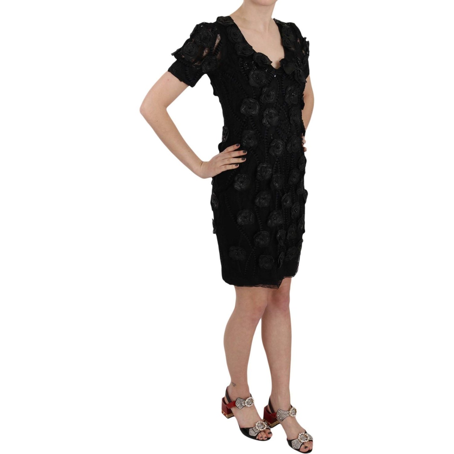 John Richmond Black Silk Leather Flowers Sheath Dress