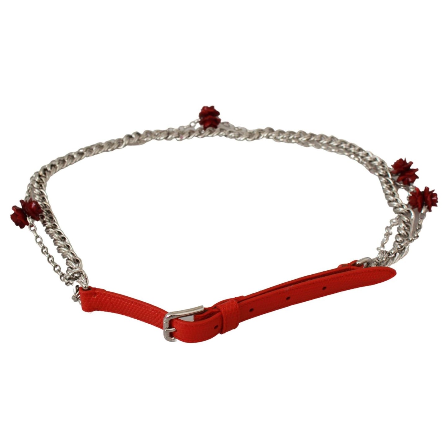Dolce & Gabbana Red Leather Roses Floral Silver Waist Belt Dolce & Gabbana