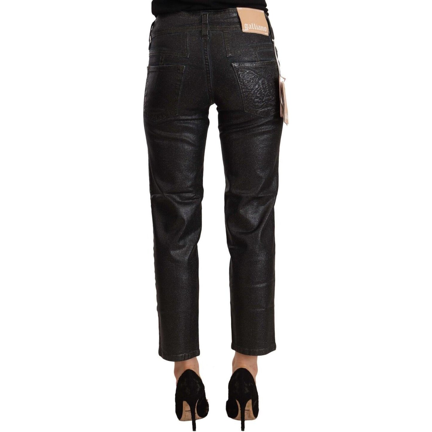 John Galliano Black Glittered Mid Waist Cotton Cropped Pants