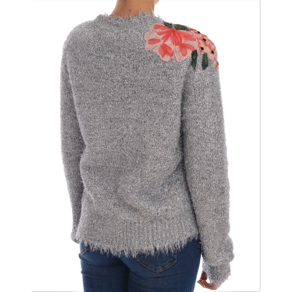 Dolce & Gabbana Silver Cardigan Floral Applique Sweater Dolce & Gabbana
