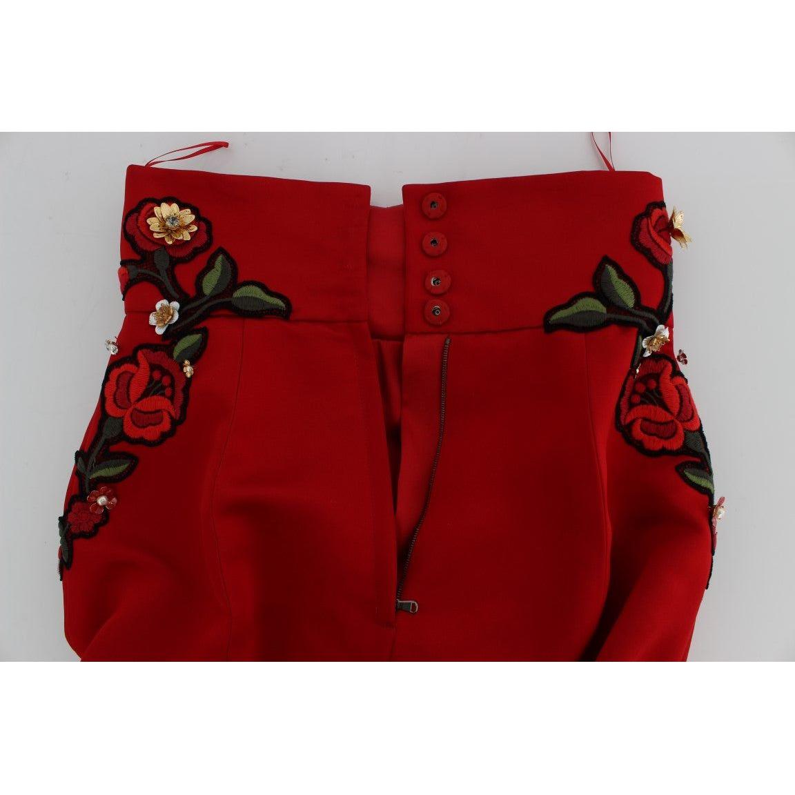 Dolce & Gabbana Red Silk Crystal Roses Shorts Dolce & Gabbana