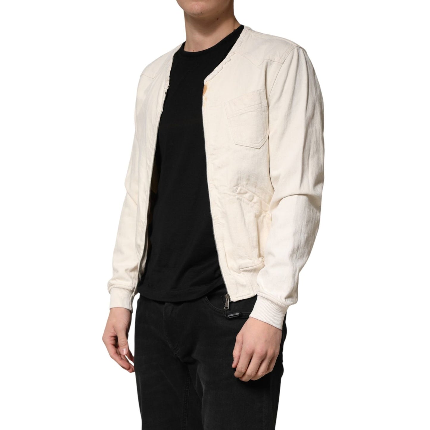 Dolce & Gabbana Off White Cotton Full Zip Denim Men Blouson Jacket