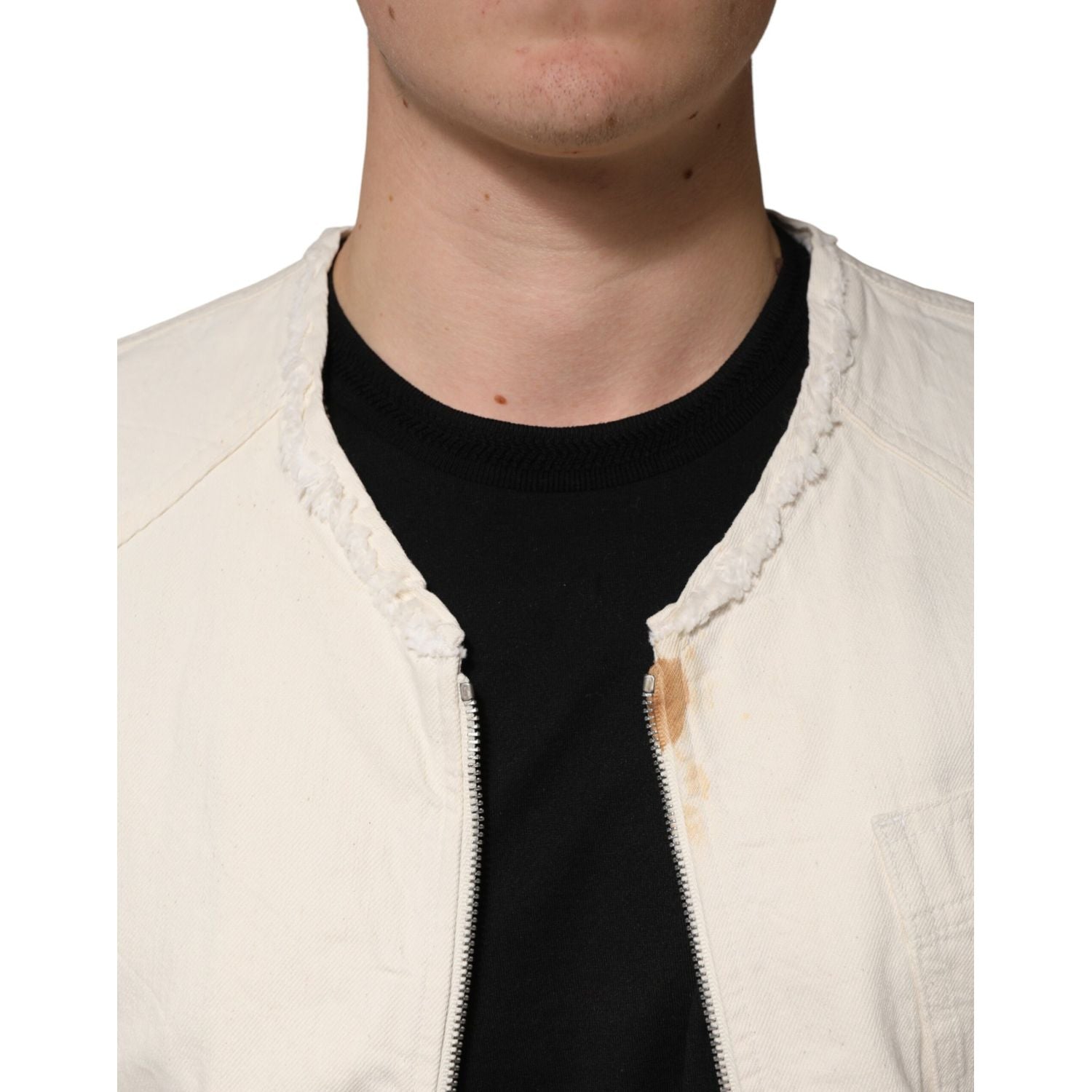 Dolce & Gabbana Off White Cotton Full Zip Denim Men Blouson Jacket