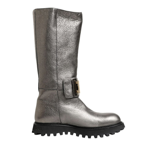 Dolce & Gabbana Metallic Silver Leather Mid Calf Boots Shoes