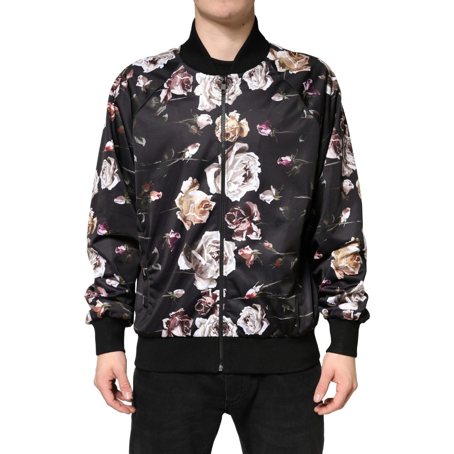 Dolce & Gabbana Black Floral Polyester Full Zip Bomber Jacket