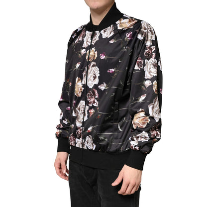 Dolce & Gabbana Black Floral Polyester Full Zip Bomber Jacket