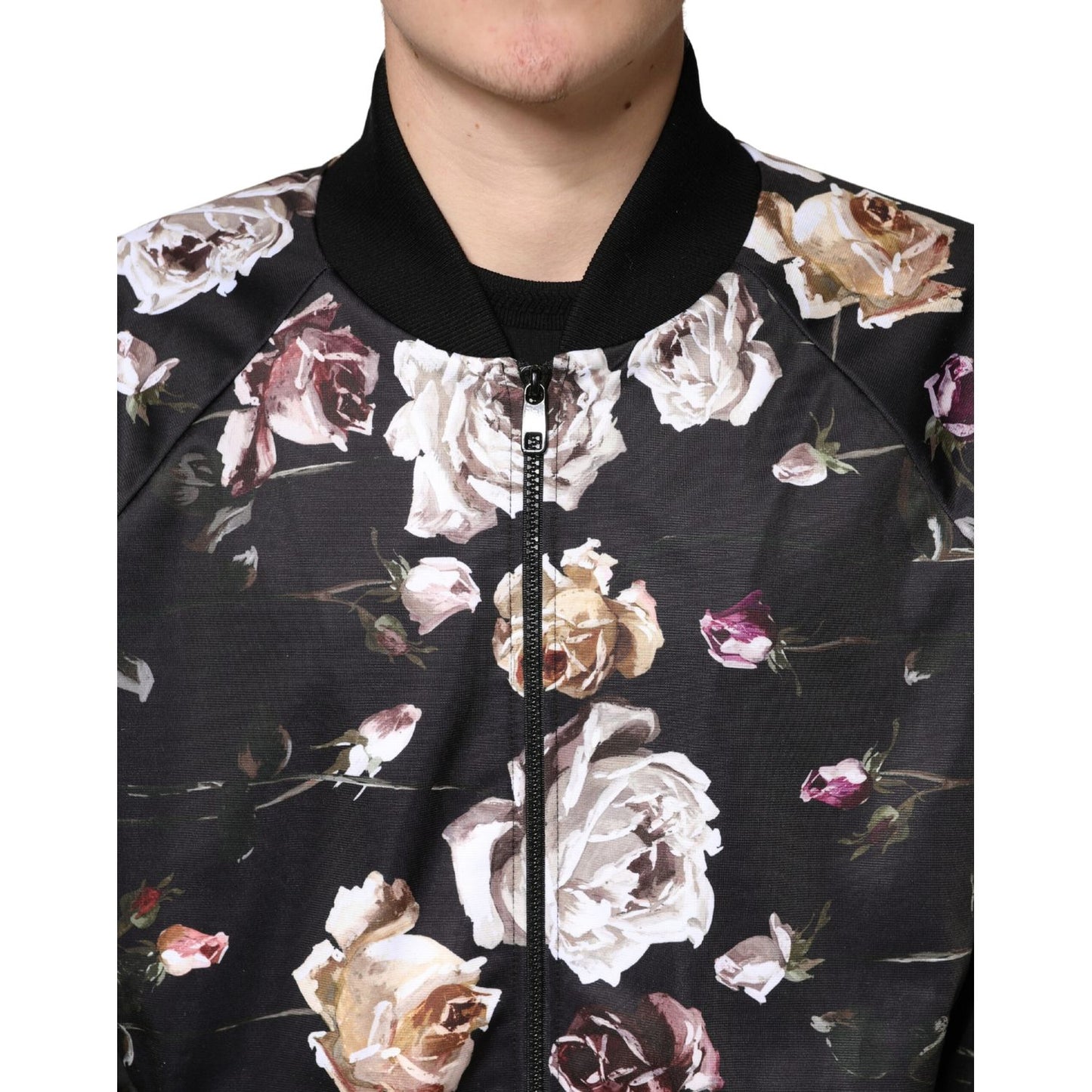Dolce & Gabbana Black Floral Polyester Full Zip Bomber Jacket