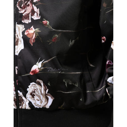 Dolce & Gabbana Black Floral Polyester Full Zip Bomber Jacket