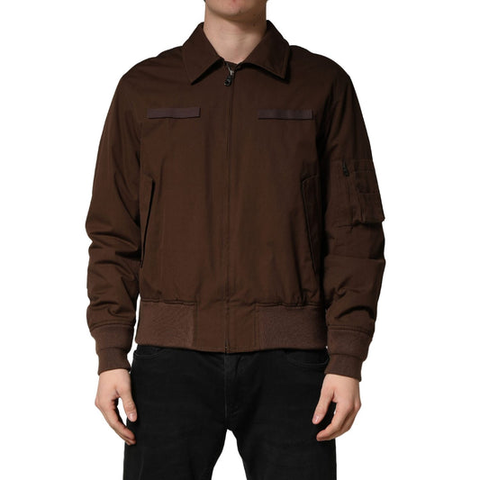 Dolce & Gabbana Brown Cotton Stretch Full Zip Bomber Jacket