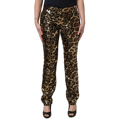 Dolce & Gabbana Gold Leopard Sequined Straight Trouser Pants