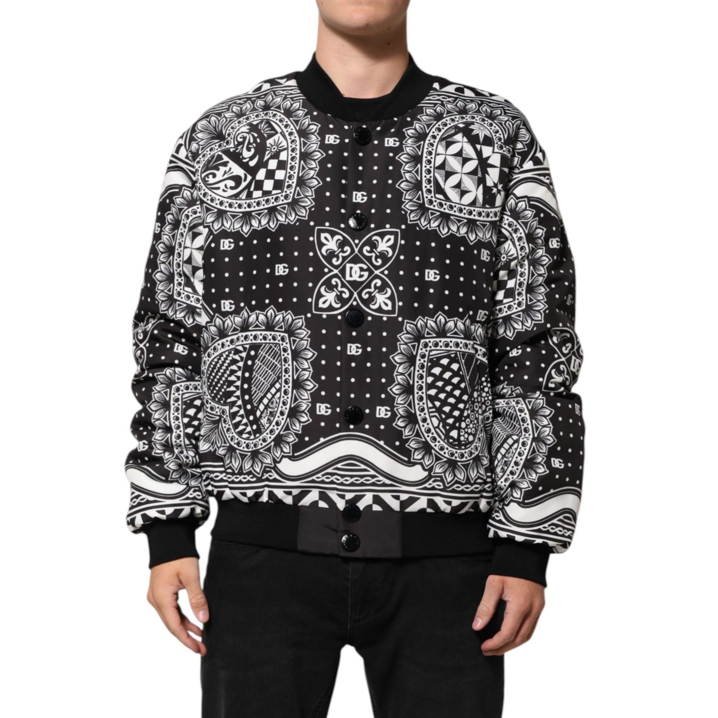 Dolce & Gabbana Black White BandanaPrint Men Bomber Jacket