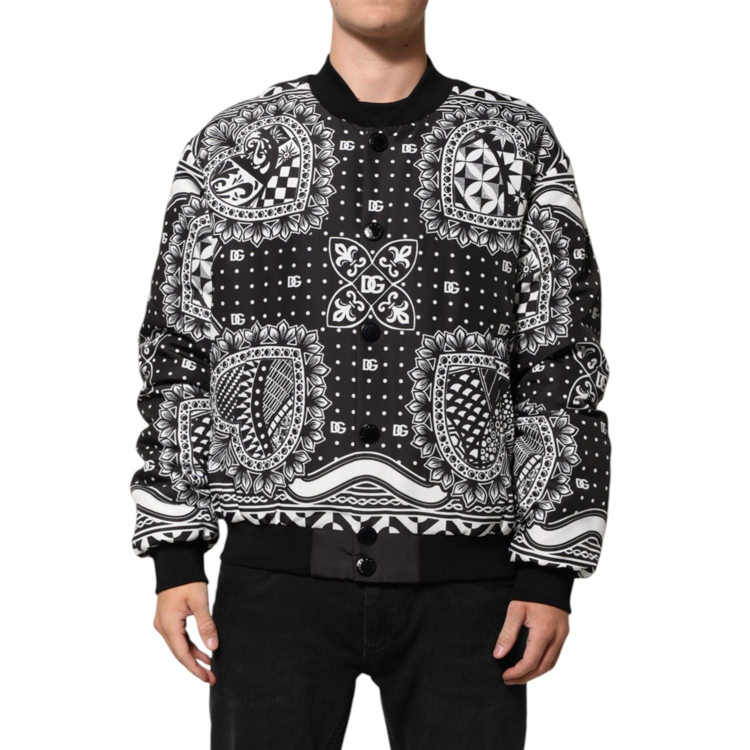 Dolce & Gabbana Black White BandanaPrint Men Bomber  Jacket
