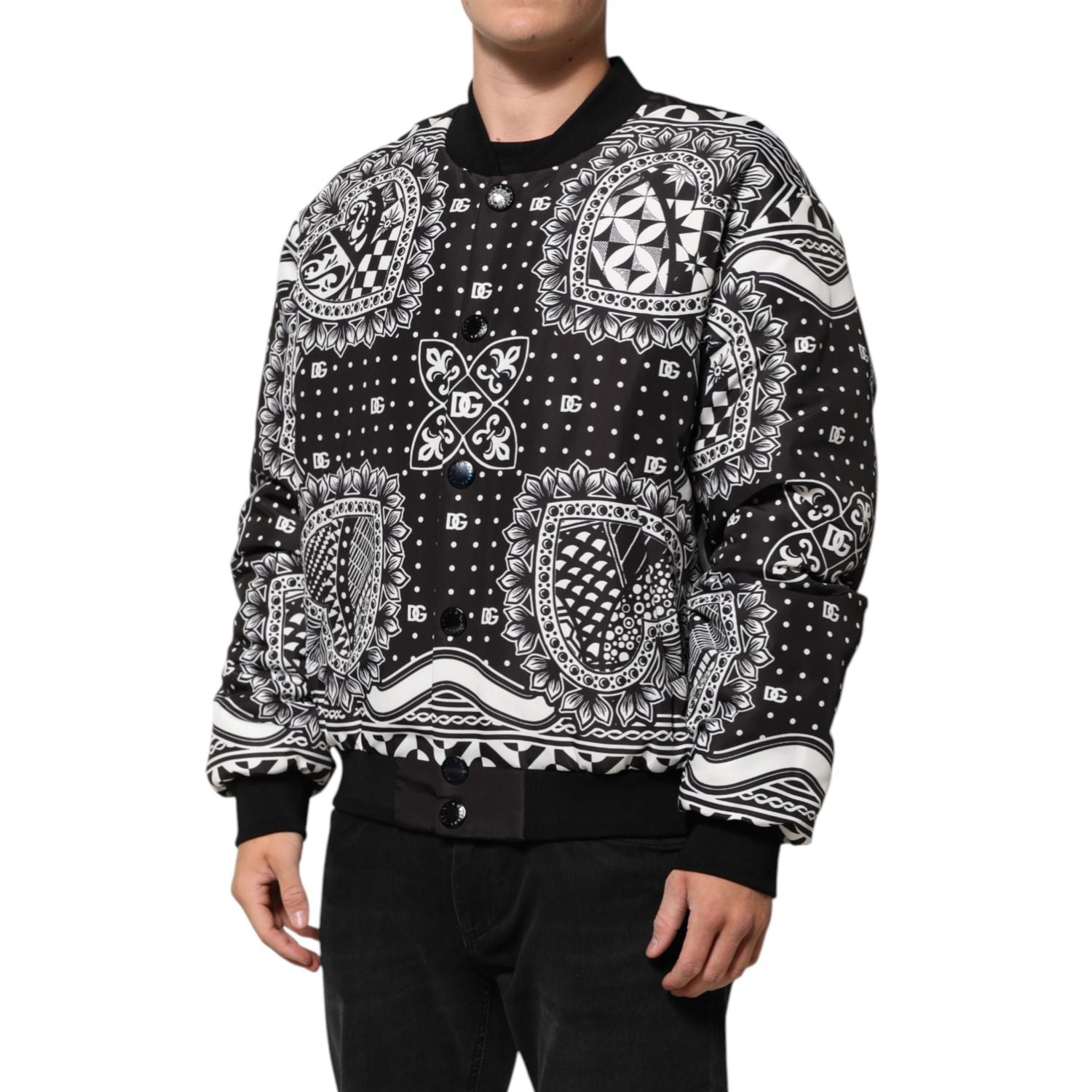 Dolce & Gabbana Black White BandanaPrint Men Bomber  Jacket