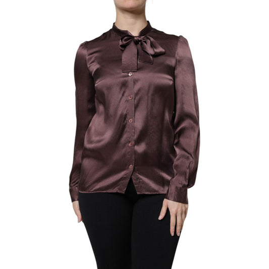 Dolce & Gabbana Violet Satin Long Sleeve Ascot Tie Shirt  Top