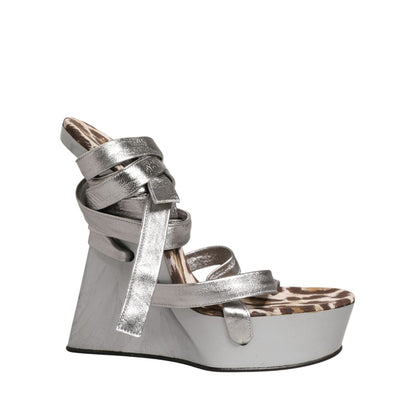 Dolce & Gabbana Silver Leather Platform Wedge Sandals Shoes