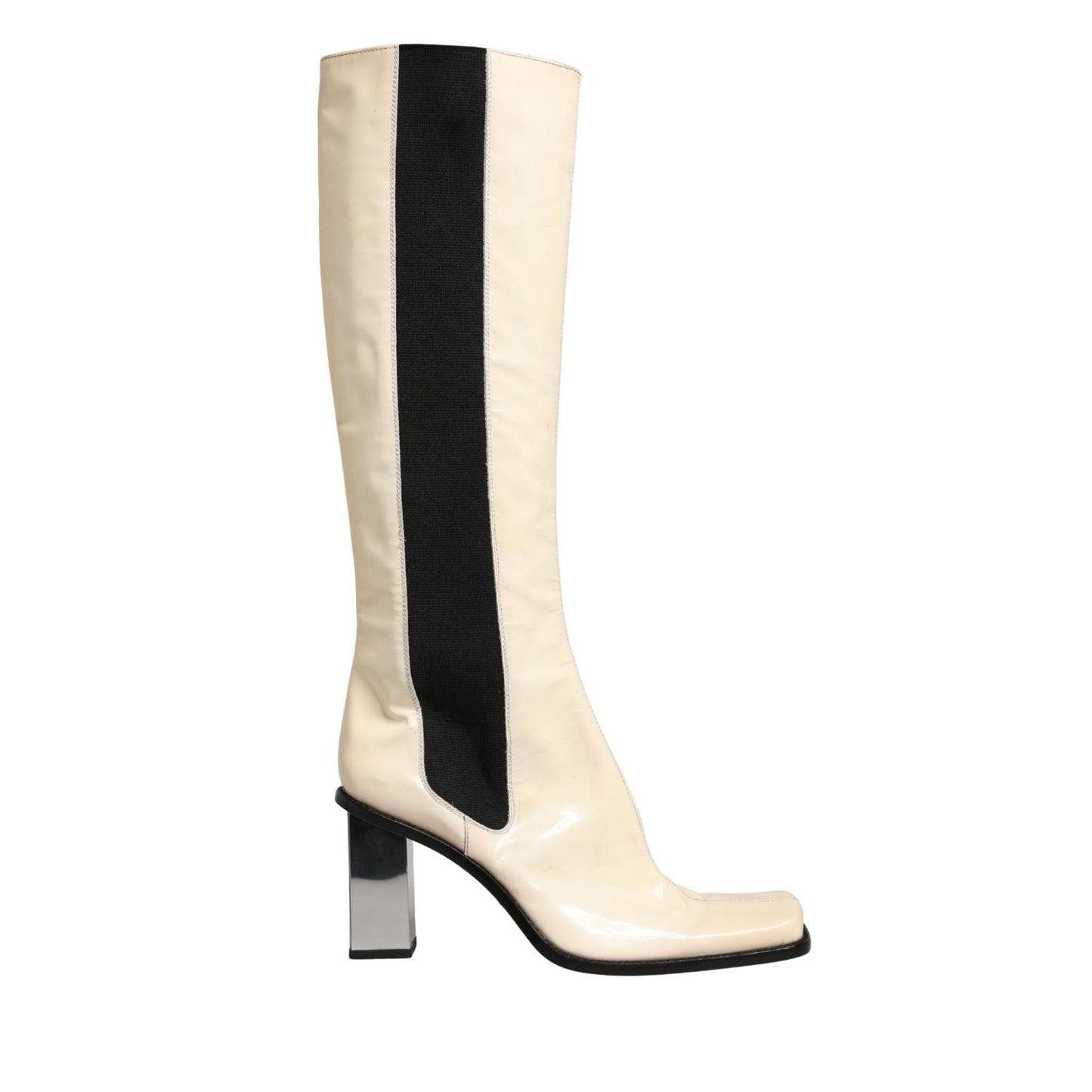 Dolce & Gabbana White Black Leather Knee High Boots Shoes