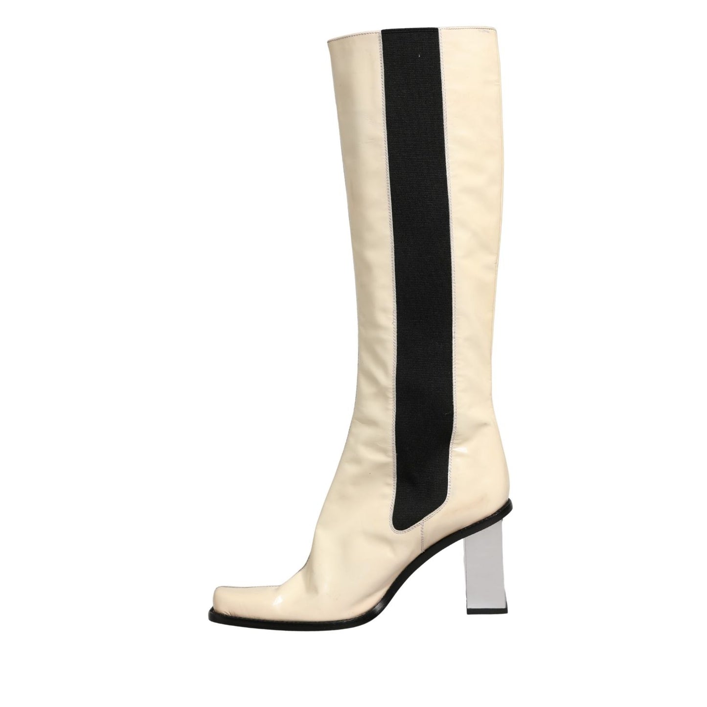 Dolce & Gabbana White Black Leather Knee High Boots Shoes