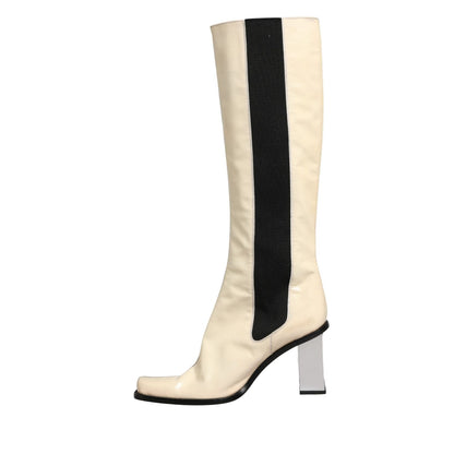 Dolce & Gabbana White Black Leather Knee High Boots Shoes