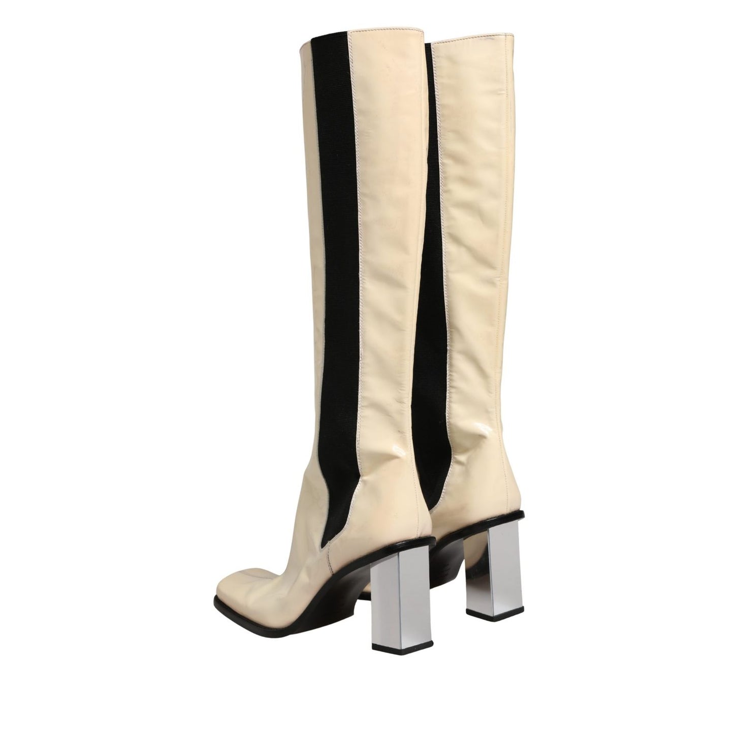 Dolce & Gabbana White Black Leather Knee High Boots Shoes