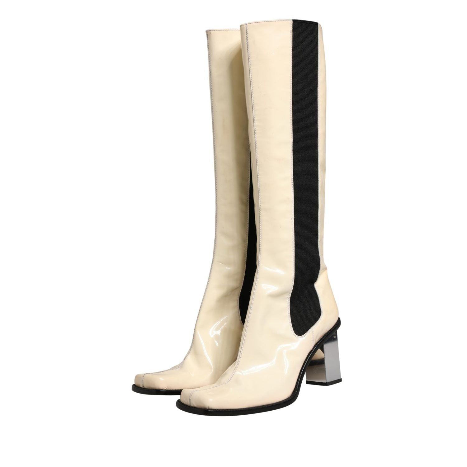 Dolce & Gabbana White Black Leather Knee High Boots Shoes