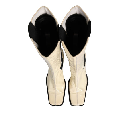 Dolce & Gabbana White Black Leather Knee High Boots Shoes
