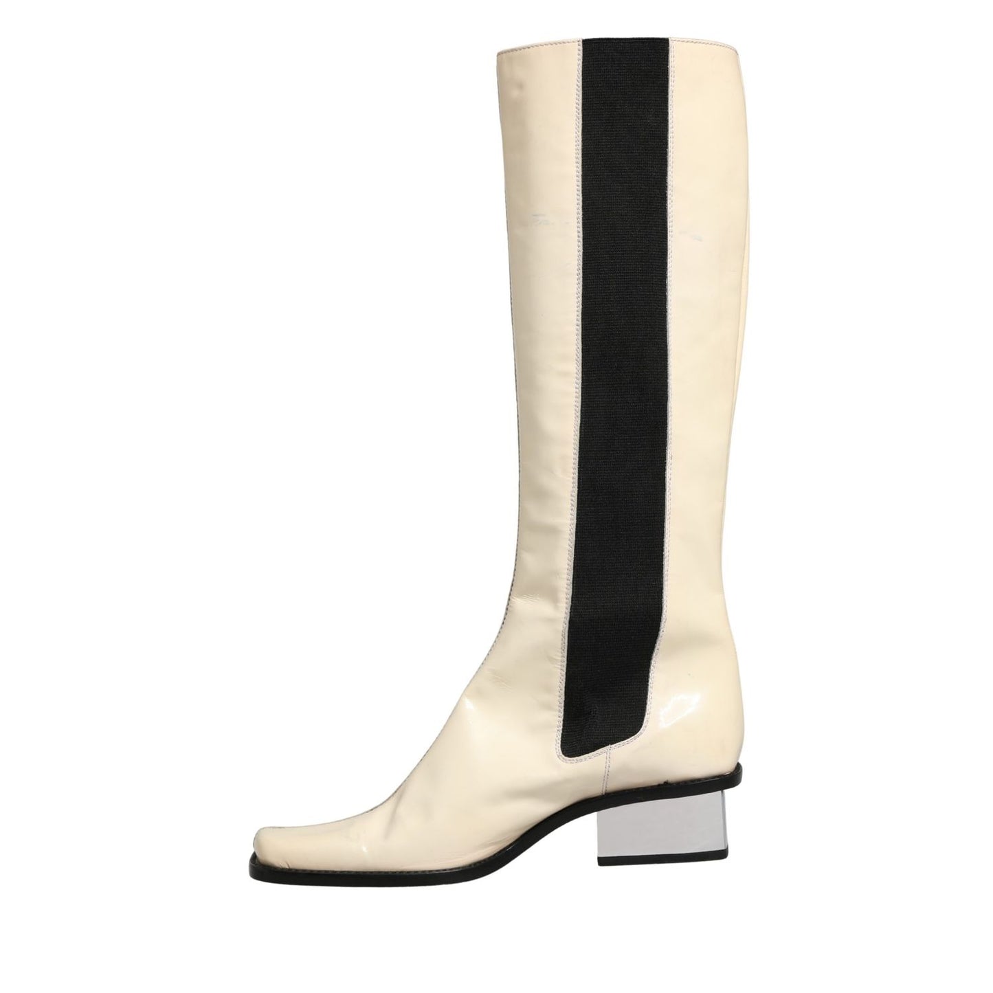 Dolce & Gabbana White Black Leather Knee High Boots Shoes