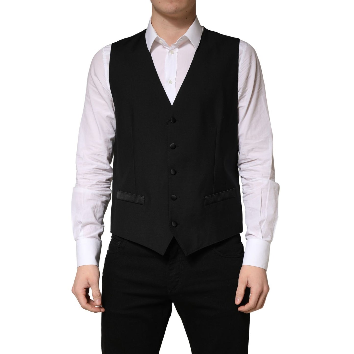 Dolce & Gabbana Black Wool Single Breasted Men Waistcoat Vest