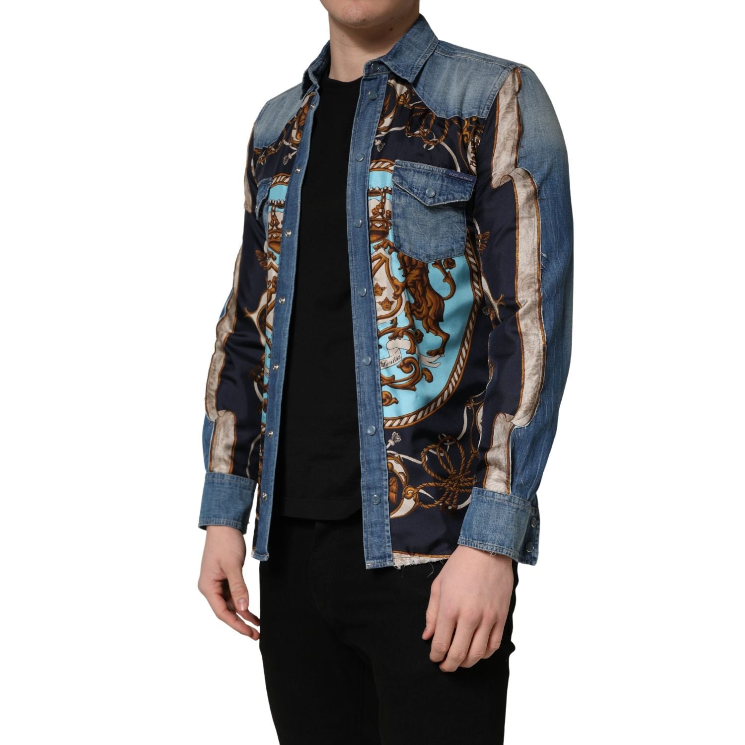 Dolce & Gabbana Blue Baroque Cotton Button Down Denim Shirt