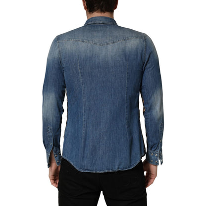 Dolce & Gabbana Blue Baroque Cotton Button Down Denim Shirt