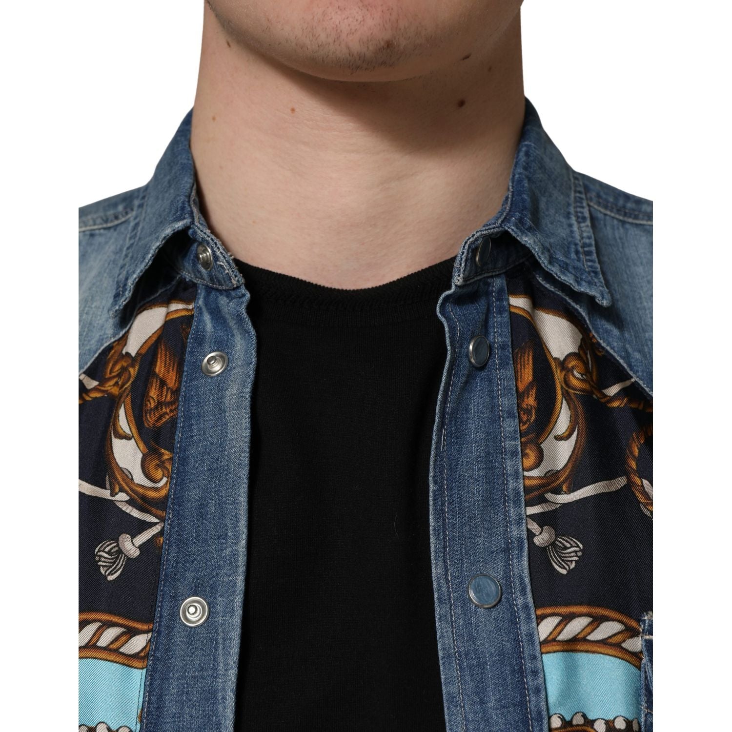 Dolce & Gabbana Blue Baroque Cotton Button Down Denim Shirt