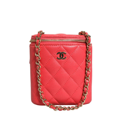 Chanel Red Caviar Quilted Small Vertical Coco Beauty Vanity Case with Chain