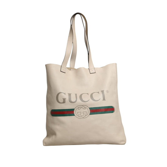 Gucci White Web Sherry Logo Print Tote Bag
