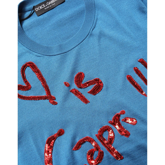Dolce & Gabbana Blue Silk Sequined CrewNeck Pullover Sweater