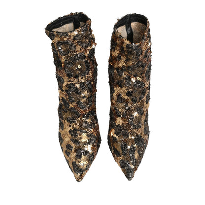 Dolce & Gabbana Gold Leopard Sequin Sock Ankle Boots Shoes