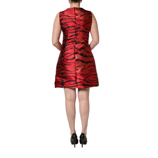 Dolce & Gabbana Red Black Tiger Print Jacquard Flared Dress