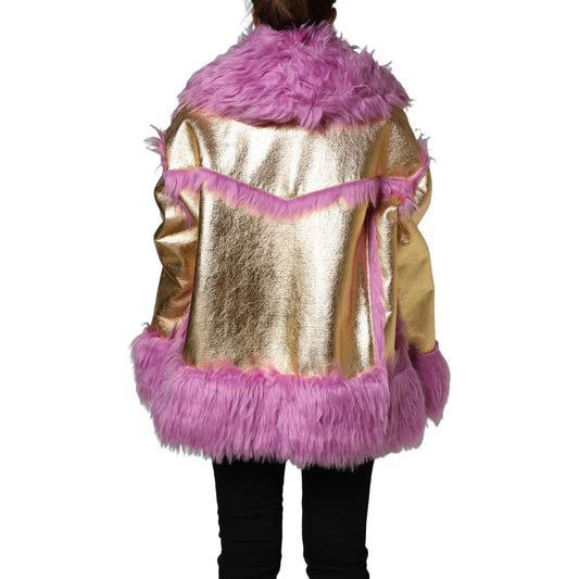 Dolce & Gabbana Pink Plush Faux Fur Gold Leather Coat Jacket