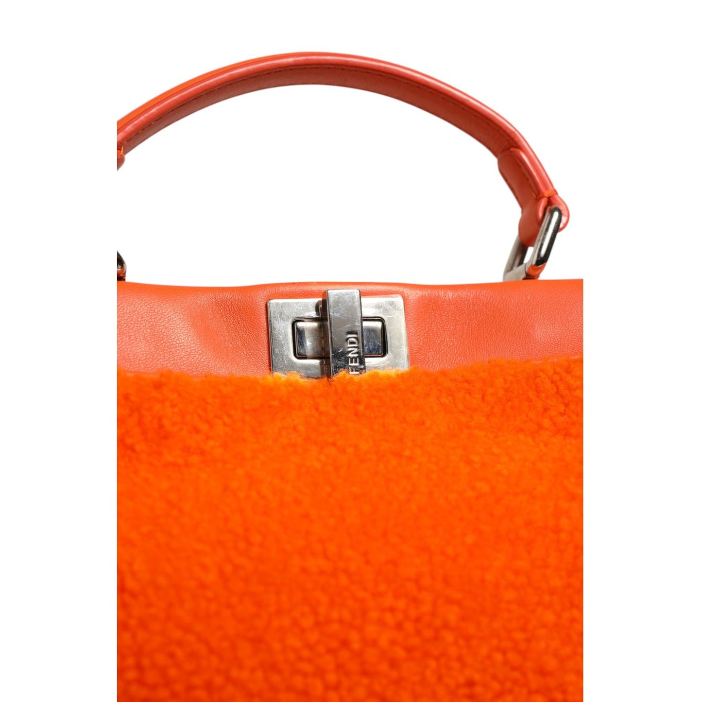 Fendi Orange Leather and Shearling Mini Peekaboo Top Handle Bag