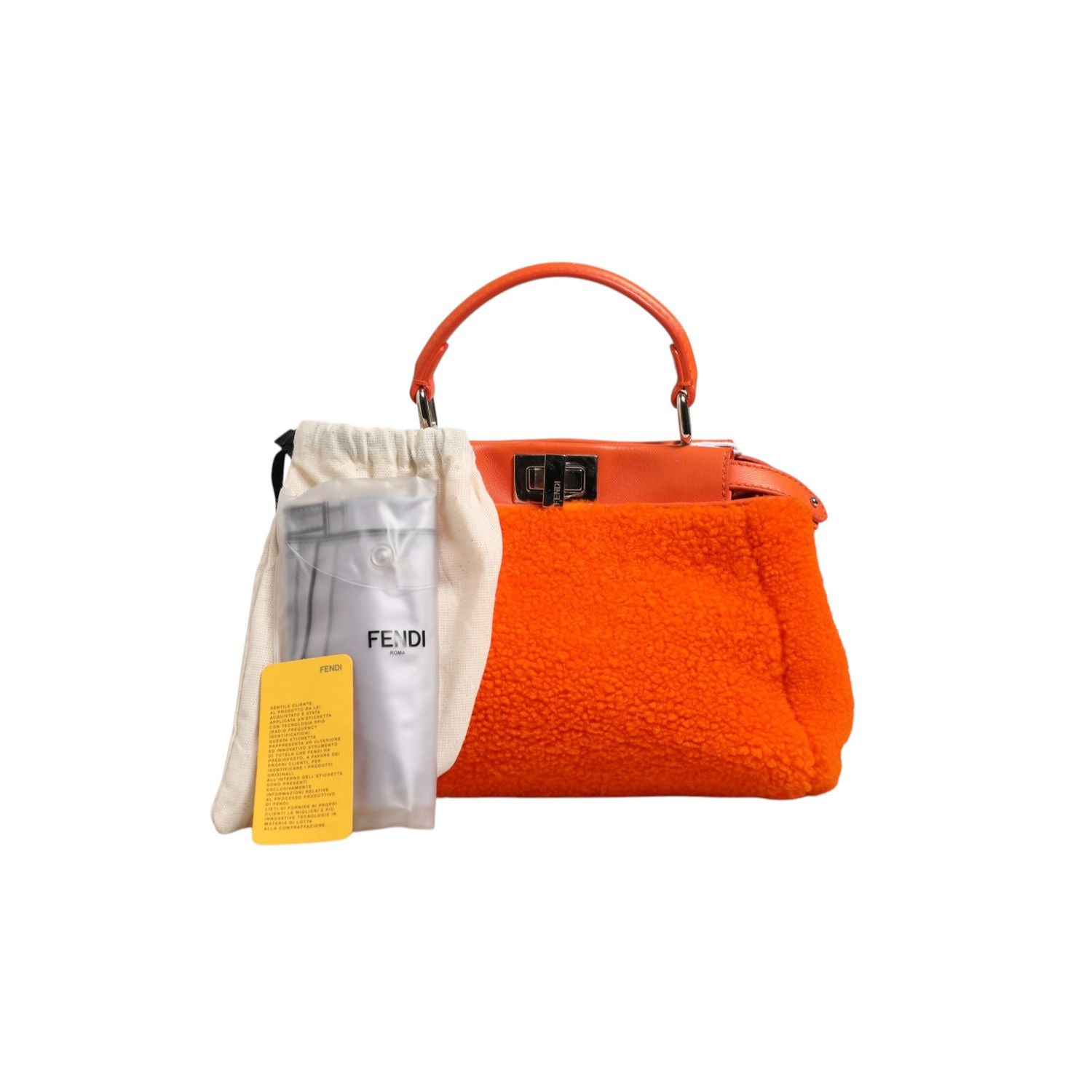 Fendi Orange Leather and Shearling Mini Peekaboo Top Handle Bag