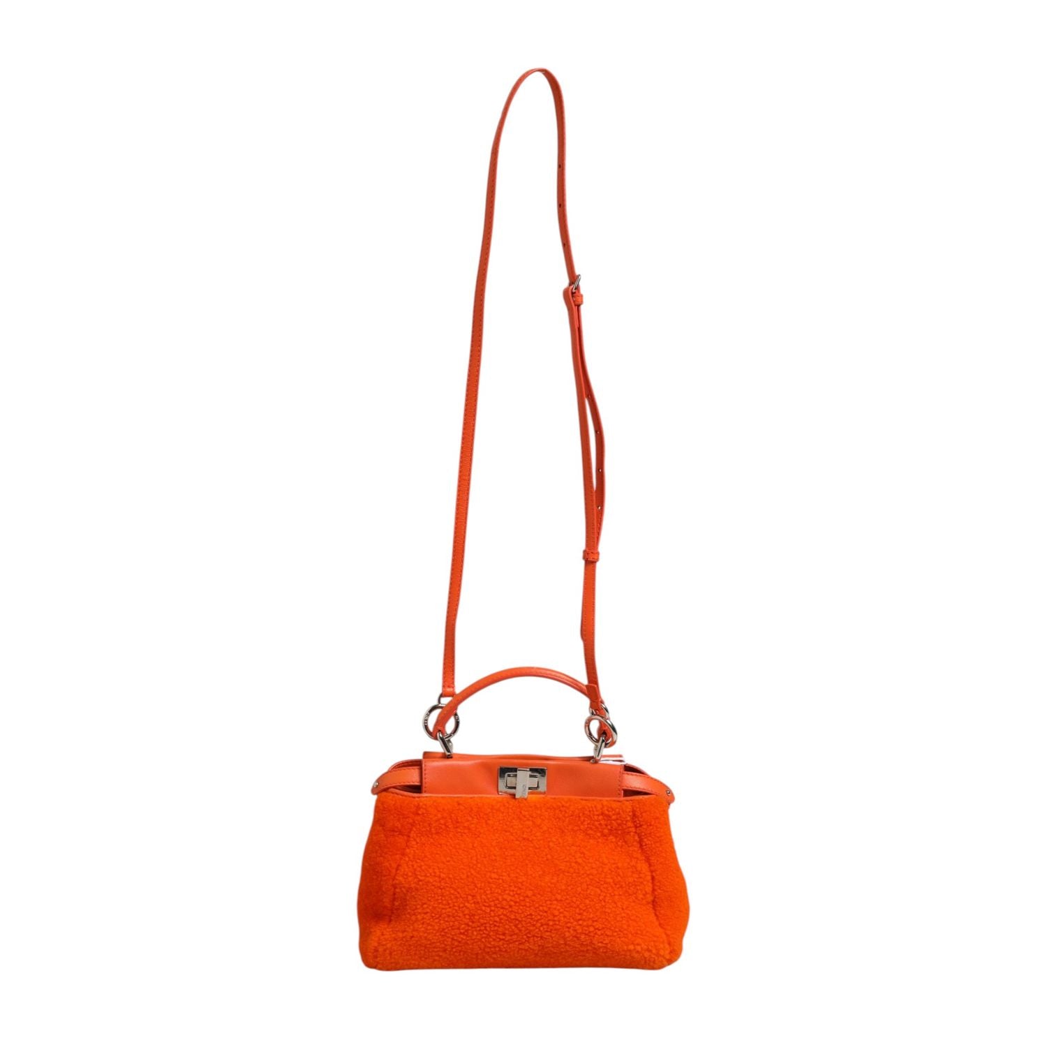 Fendi Orange Leather and Shearling Mini Peekaboo Top Handle Bag