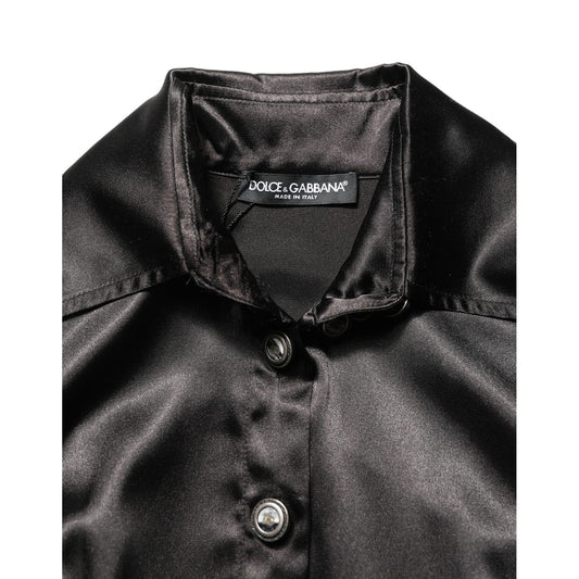 Dolce & Gabbana Black Satin Long Puff Sleeves Pleated Dress