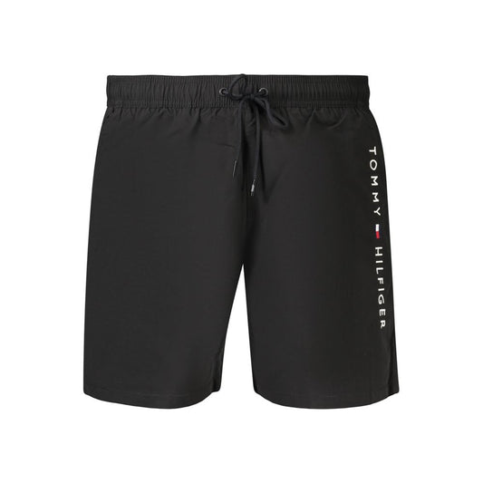 Tommy Hilfiger Black Polyester Men's Swimwear with drawstring and logo embroidery, featuring three pockets for essentials.