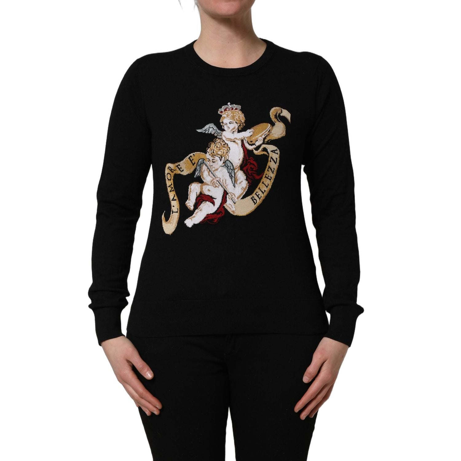 Dolce & Gabbana Black Angels Wool Crew Neck Pullover Sweater
