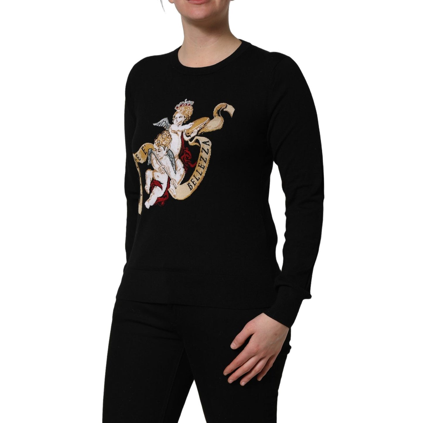 Dolce & Gabbana Black Angels Wool Crew Neck Pullover Sweater