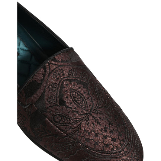 Dolce & Gabbana Maroon Jacquard Leather Slip On Loafers Shoes