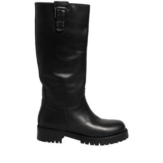Dolce & Gabbana Black Leather Buckle Detail Mid Calf Boots Shoes