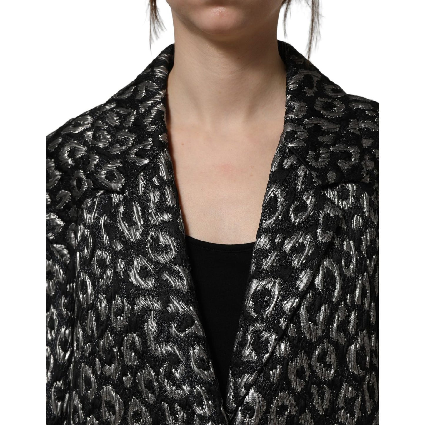 Dolce & Gabbana Black Silver Jacquard Leopard Coat Jacket