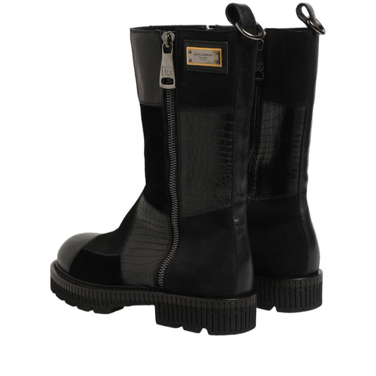 Dolce & Gabbana Black Patchwork Leather Mid Calf Boots Shoes