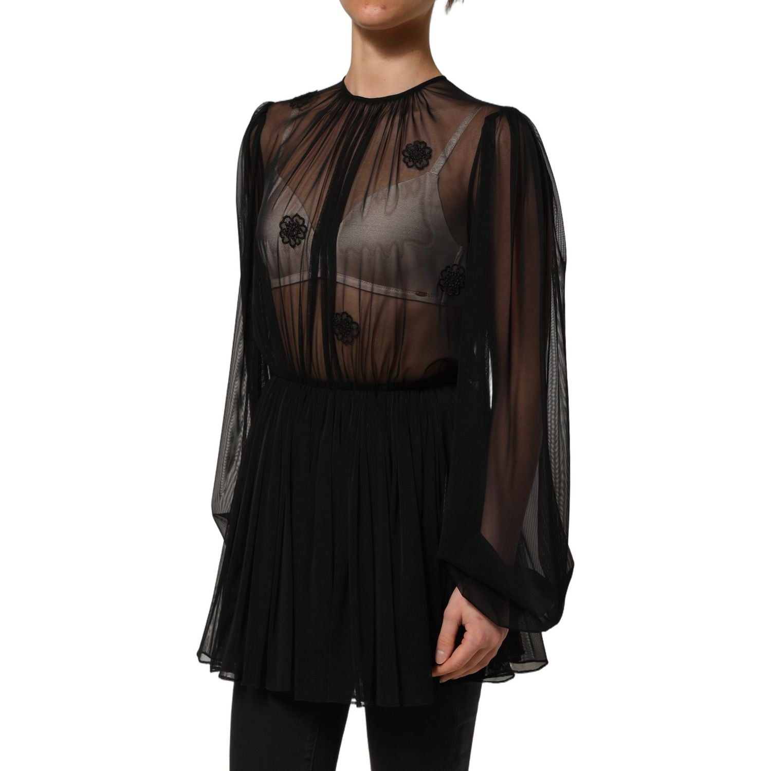 Dolce & Gabbana Black Polyester Mesh Sheer Crewneck Blouse Top