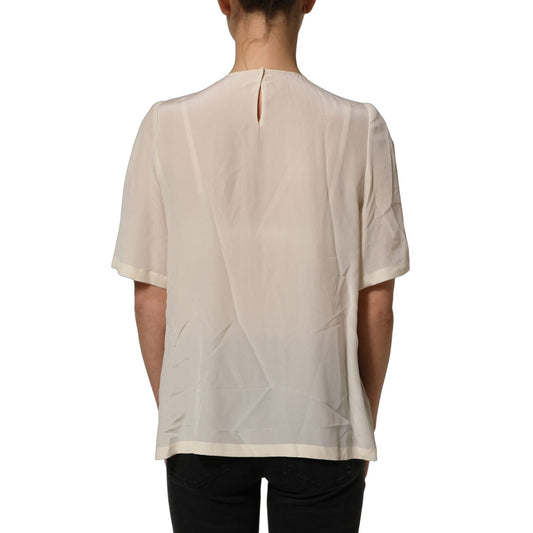 Dolce & Gabbana Beige Lace Trim Bow Short Sleeves Blouse Top
